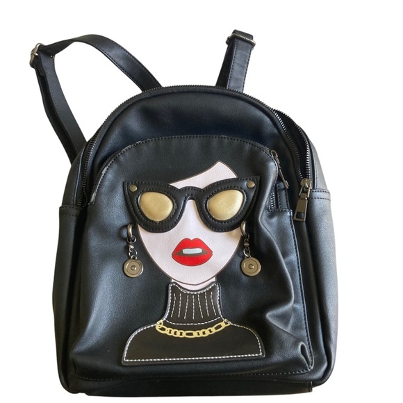 Handbags - Black Designer Backpack with Fashionable Face Design